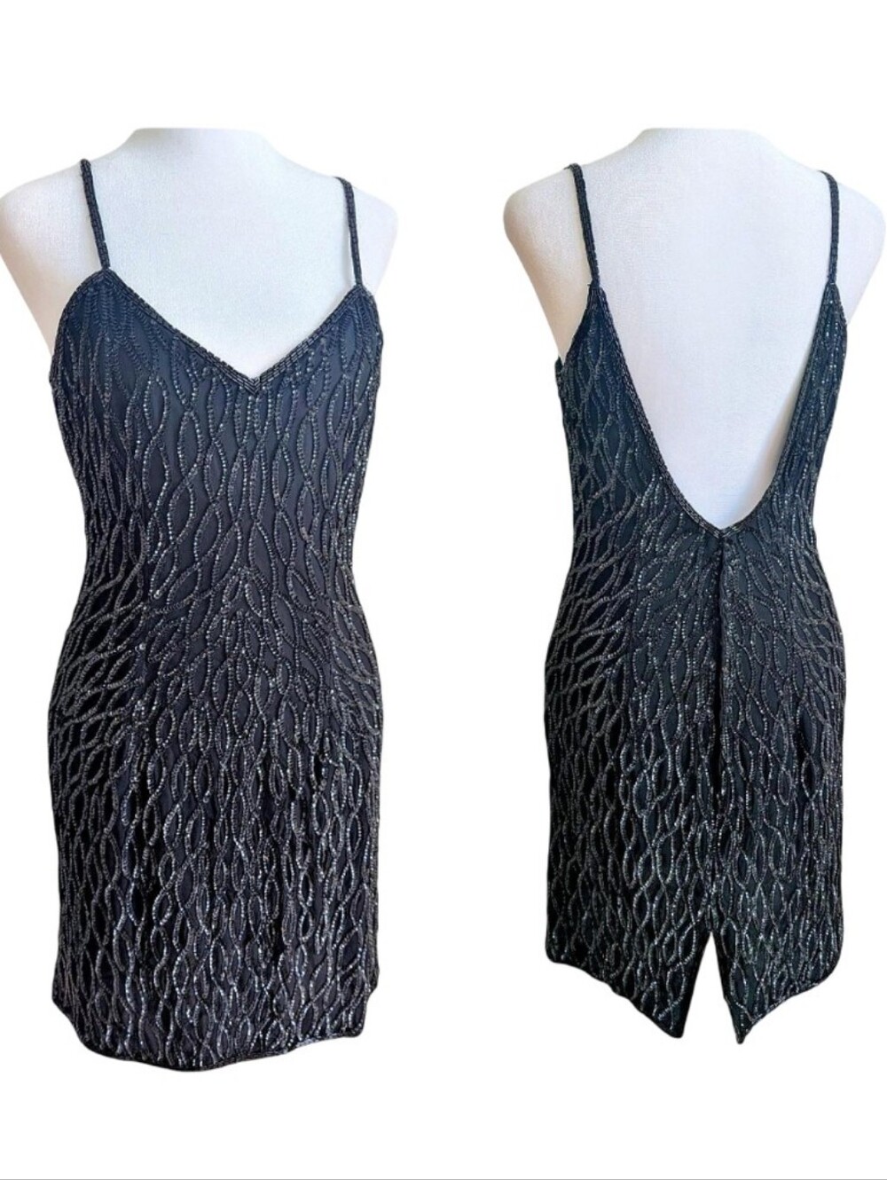 Vintage 90s 100% Silk Super Low Back Beaded Black LBD Mini Dress Gothic Sultry